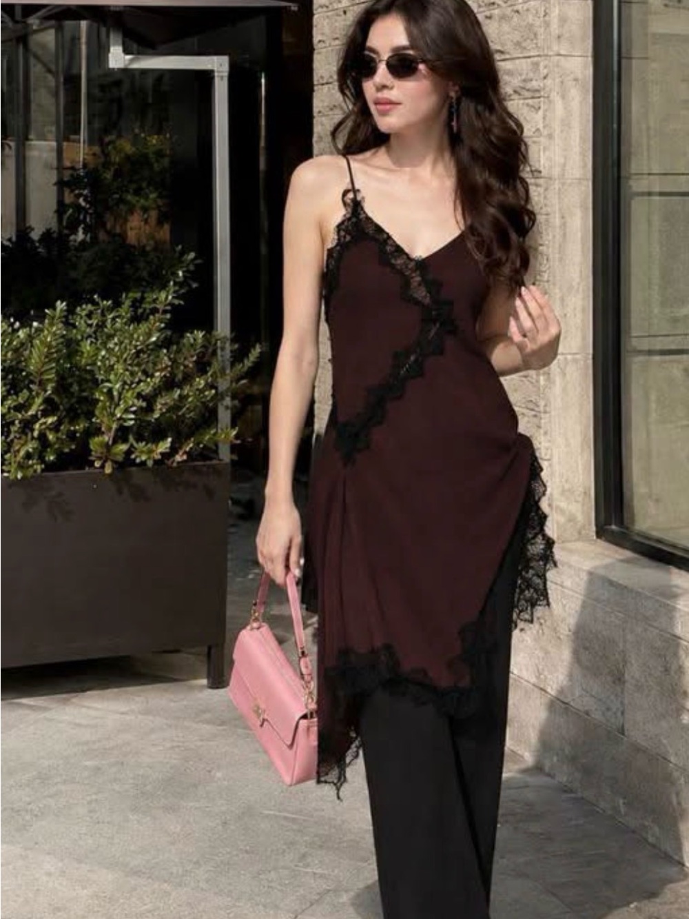 Zara Dark Brown Slip Dress with Black Lace Trim